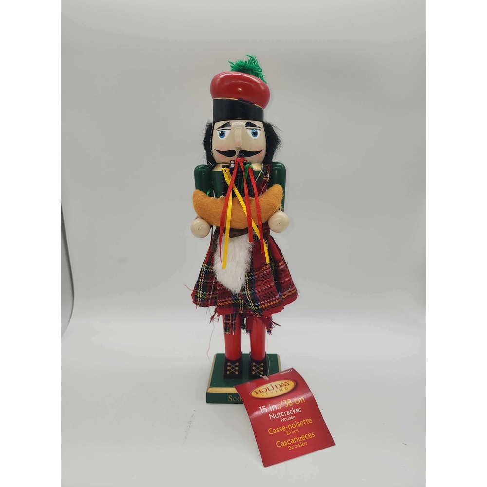 Holiday Living 15" Scottish Bagpiper Wooden Nutcracker Red Tartan Kilt Christmas